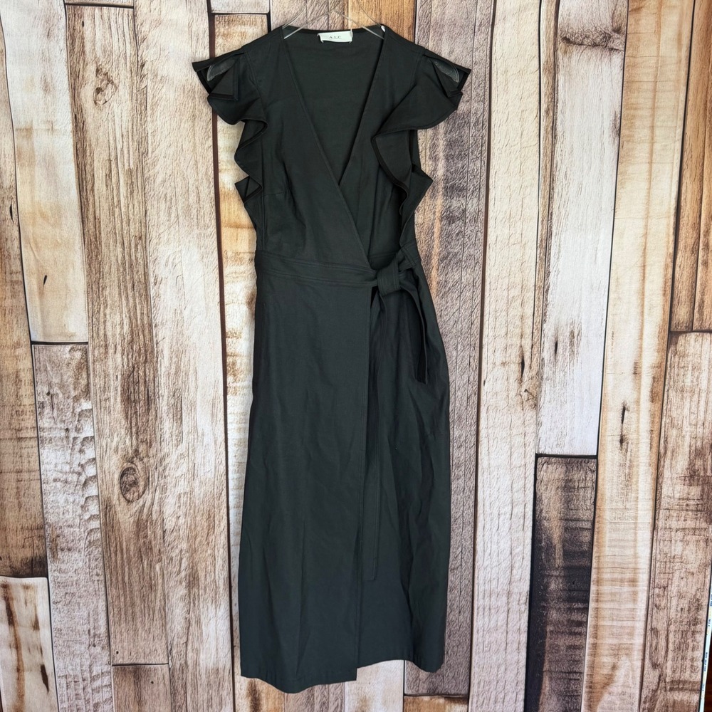 A.L.C. Ruffle Sleeve Wrap Midi Dress Black Quiet Luxury Modern Size‎ 4